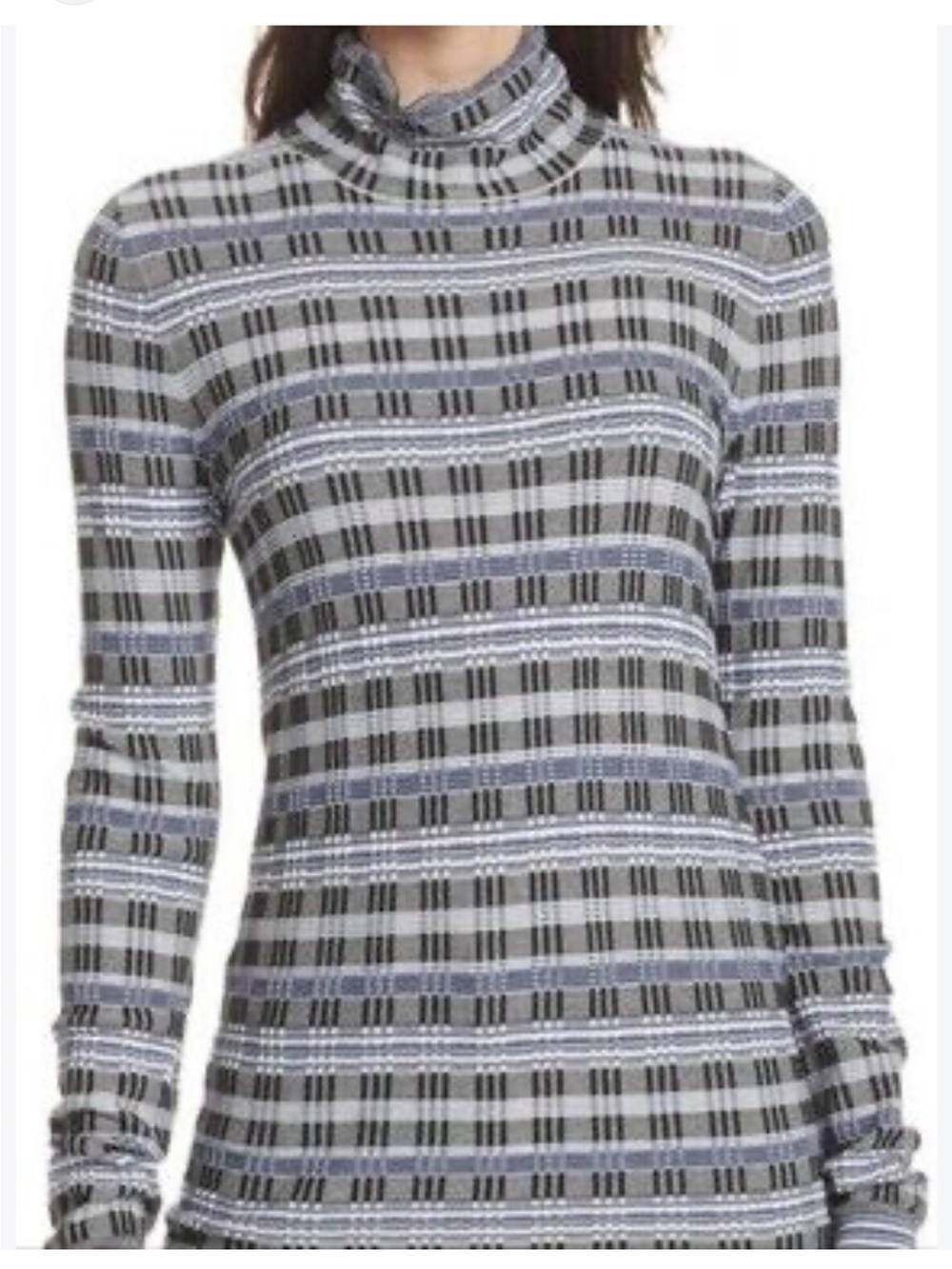 Theory Gray and Blue Plaid Turtleneck Sweater